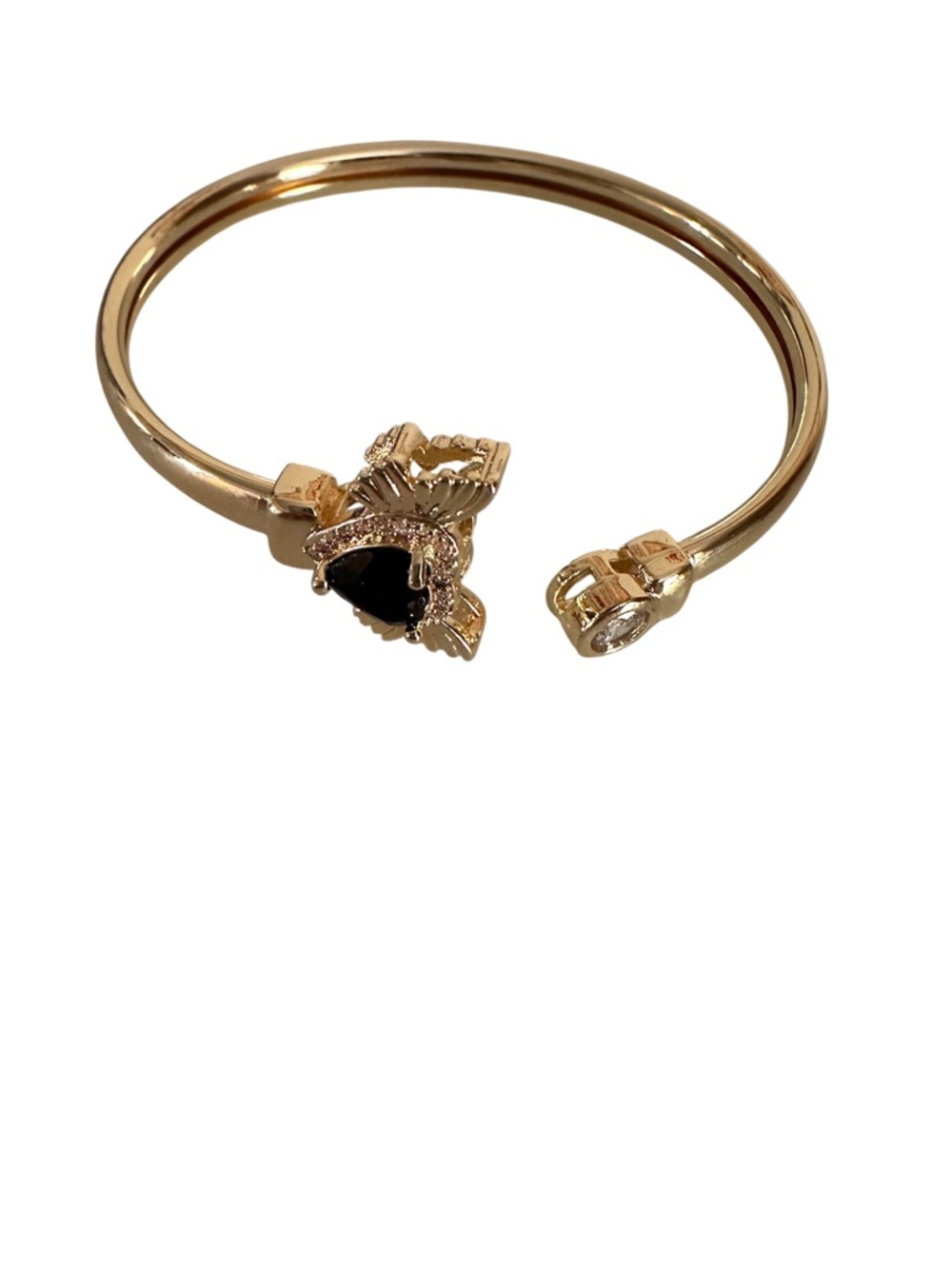 Gold Open Cuff Bracelet with Black Stone Accent - Women Jewelry - Picture 2 of 7